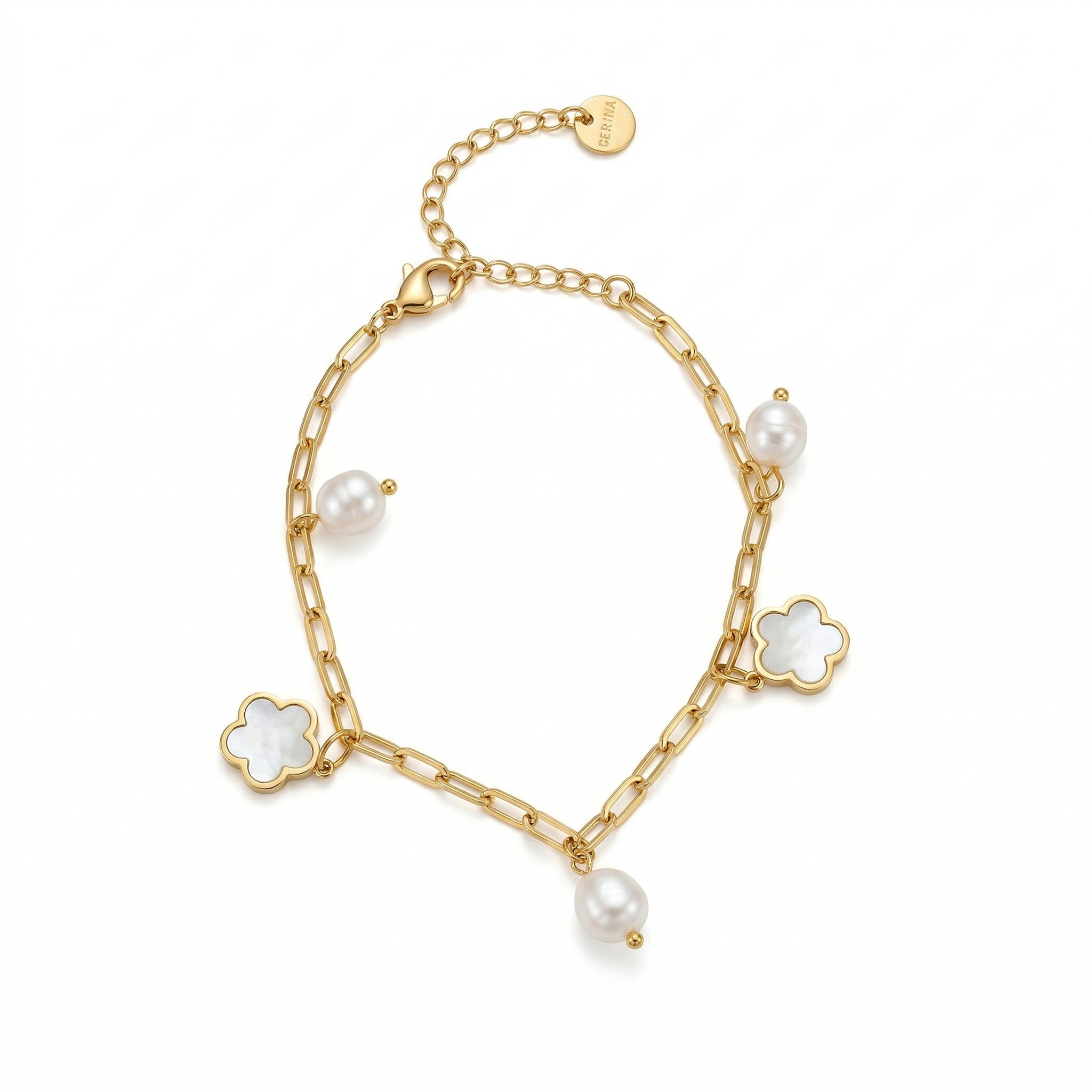 Mother-of-Pearl Clover & Pearl Paperclip Charm Bracelet