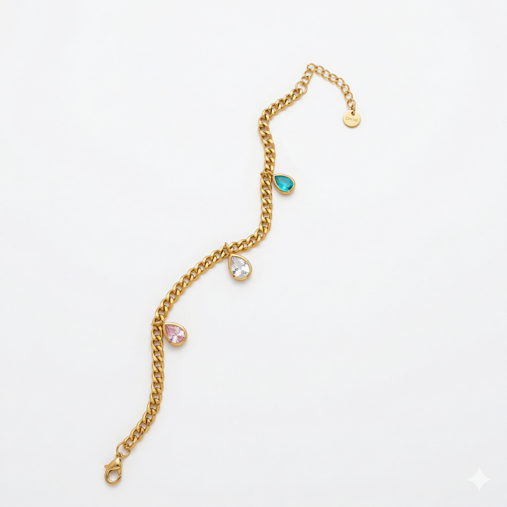 Pastel Pear Multi-Gem Curb Chain Charm Bracelet – Gold