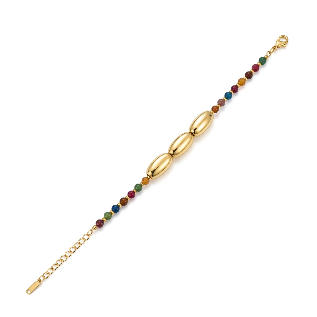 Colorful Multi-Gem & Oval Bead Bracelet – Gold