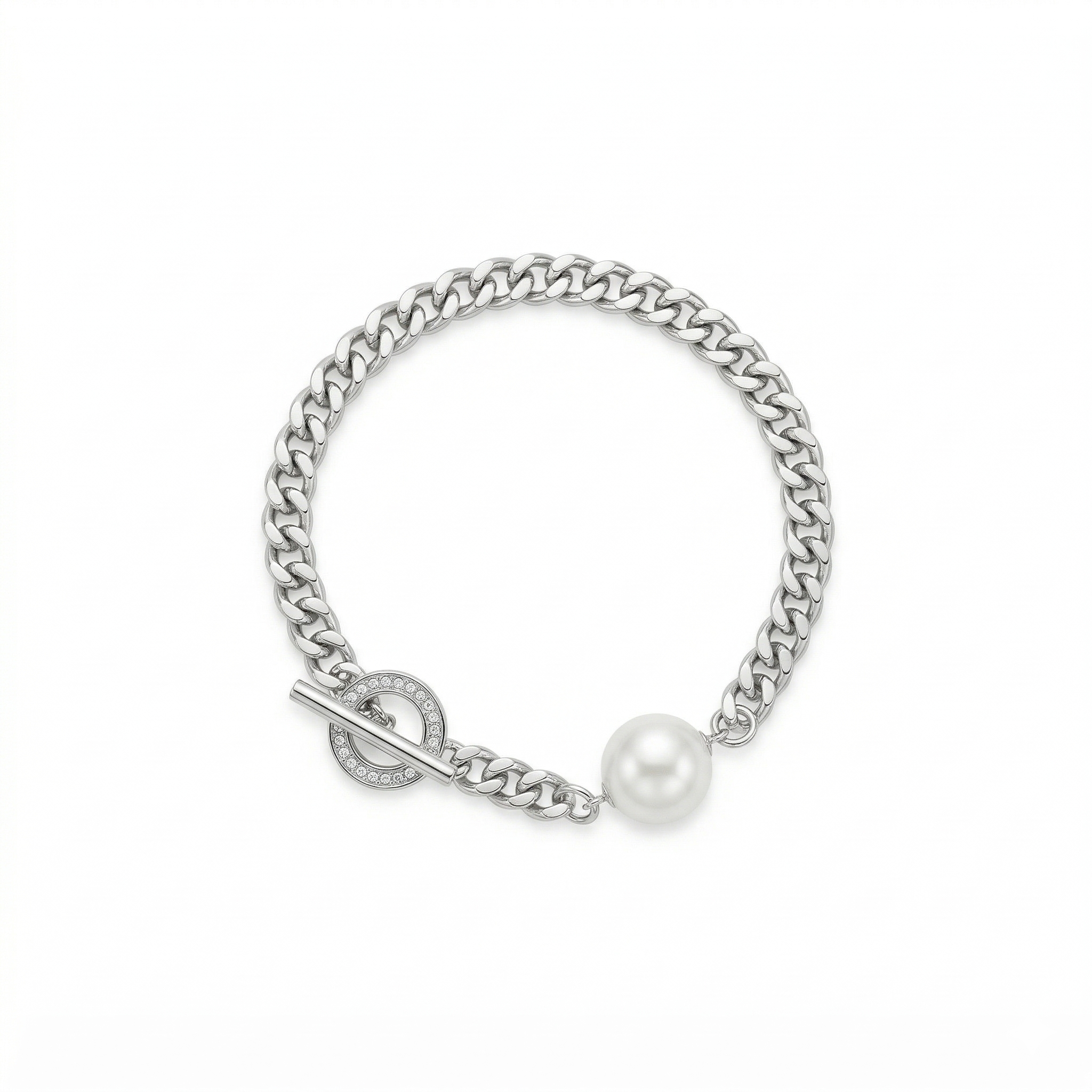 Pavé Toggle &amp; Pearl Curb Chain Bracelet – Silver