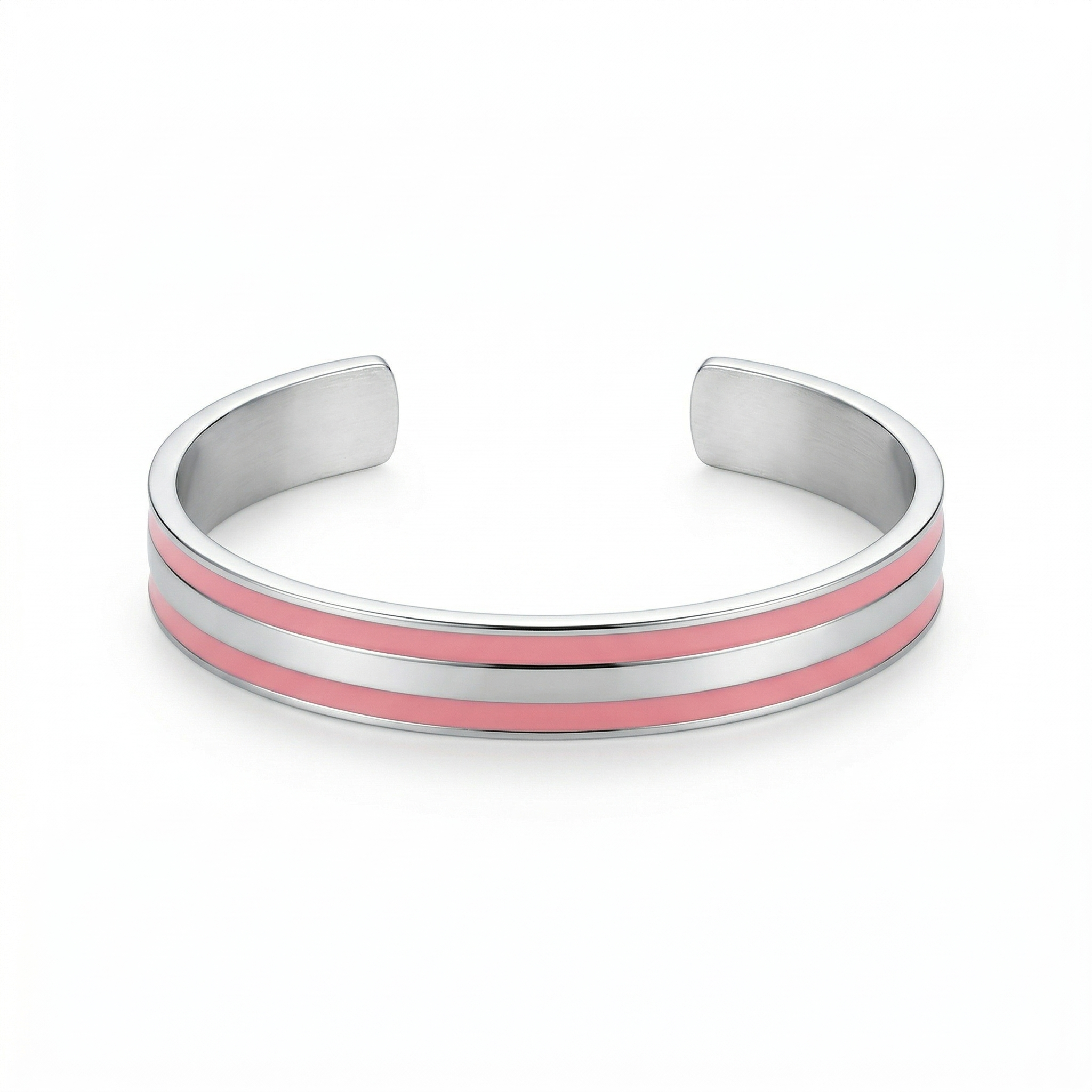 Double Stripe Enamel Cuff Bangle – Silver & Pink