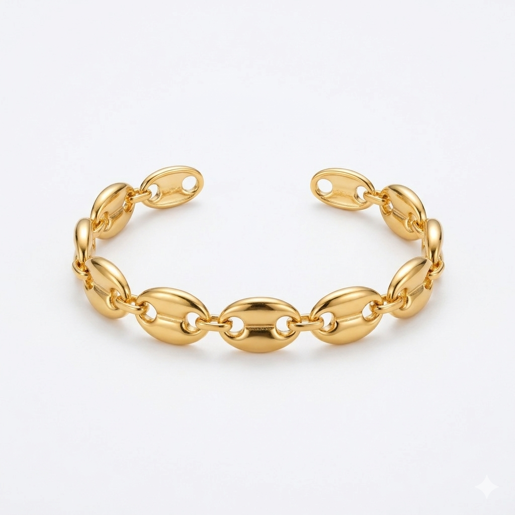 Polished Coffee Bean Link Cuff Bangle – Gold