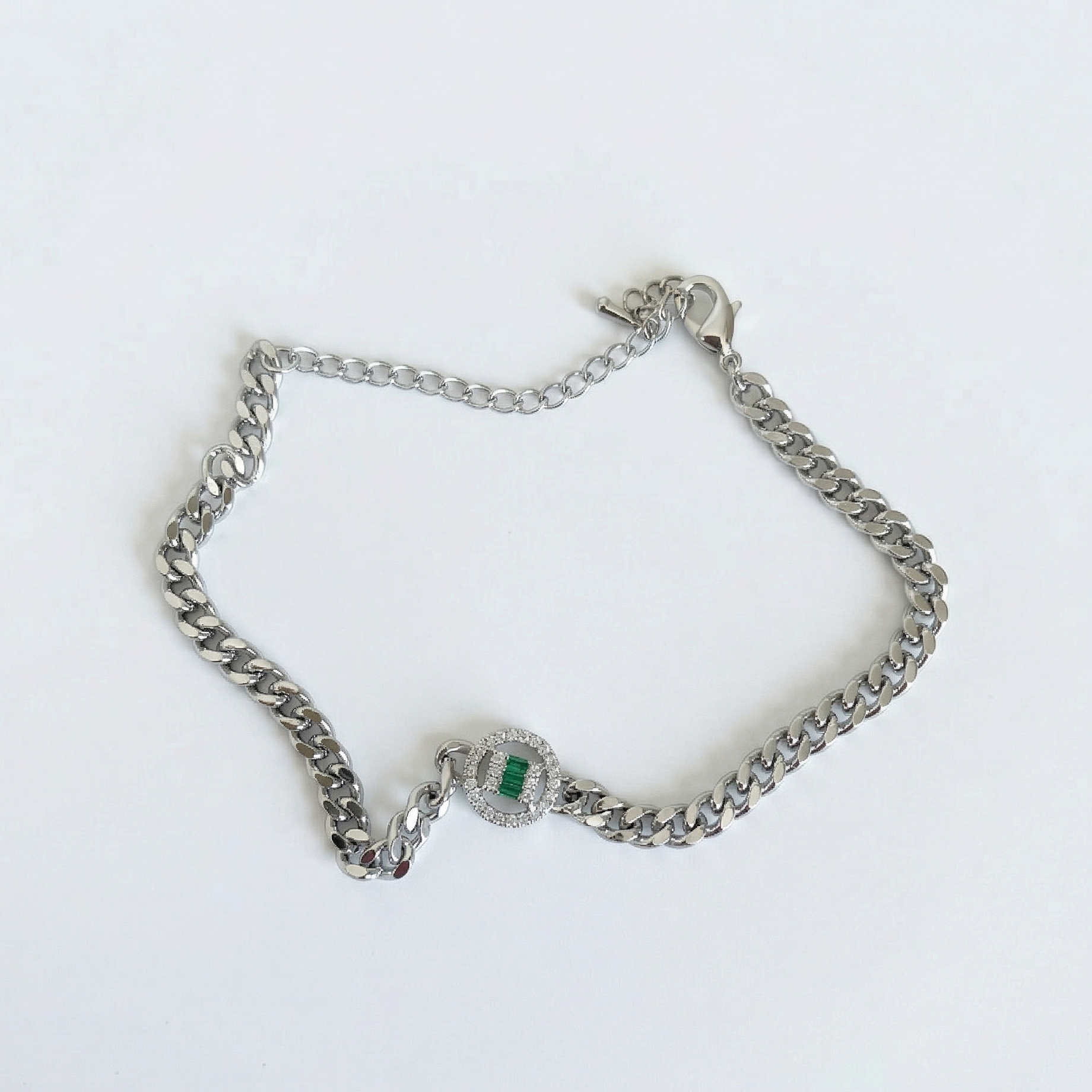 Emerald Geometric Halo Curb Chain Bracelet – Silver