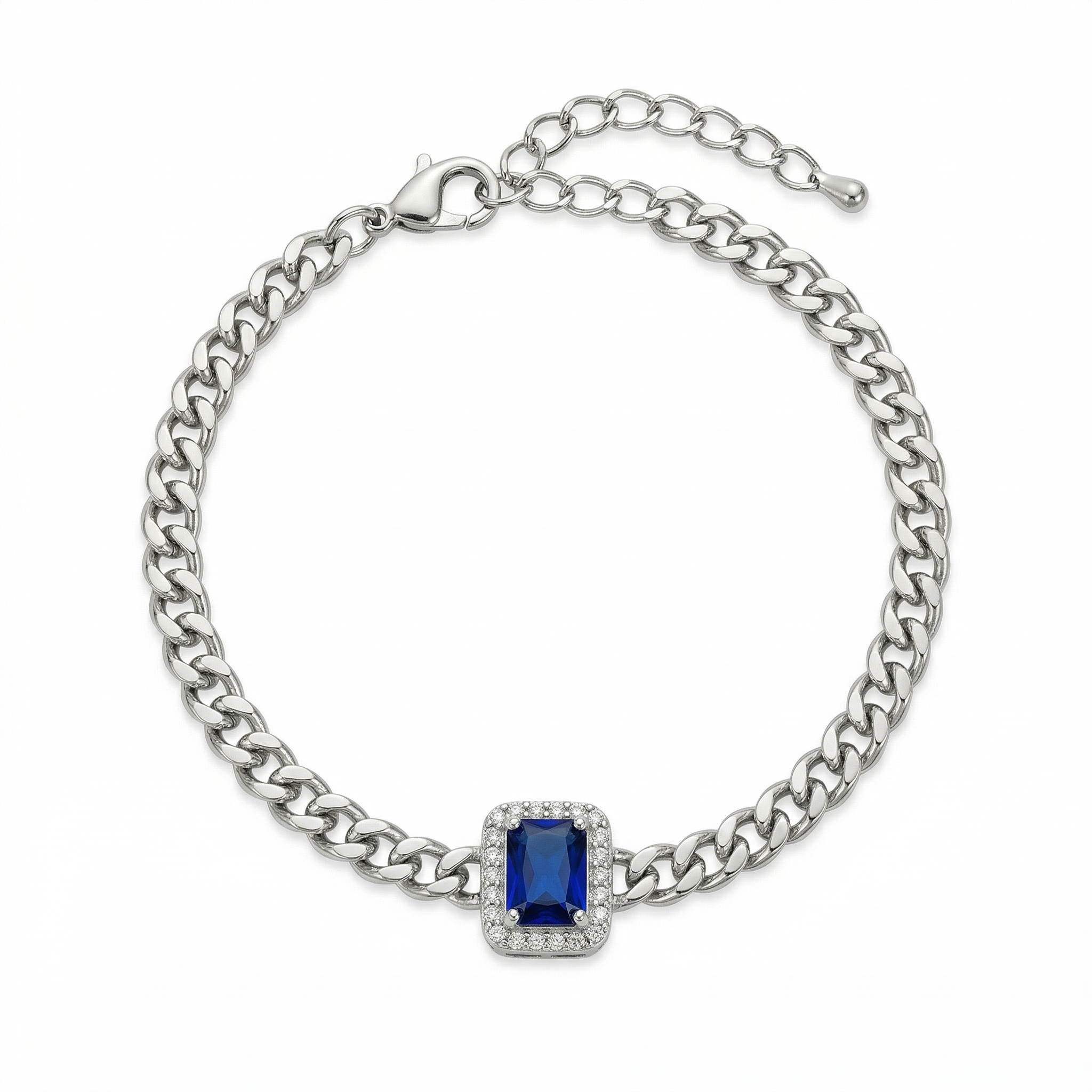 Sapphire Halo Curb Chain Bracelet – Silver