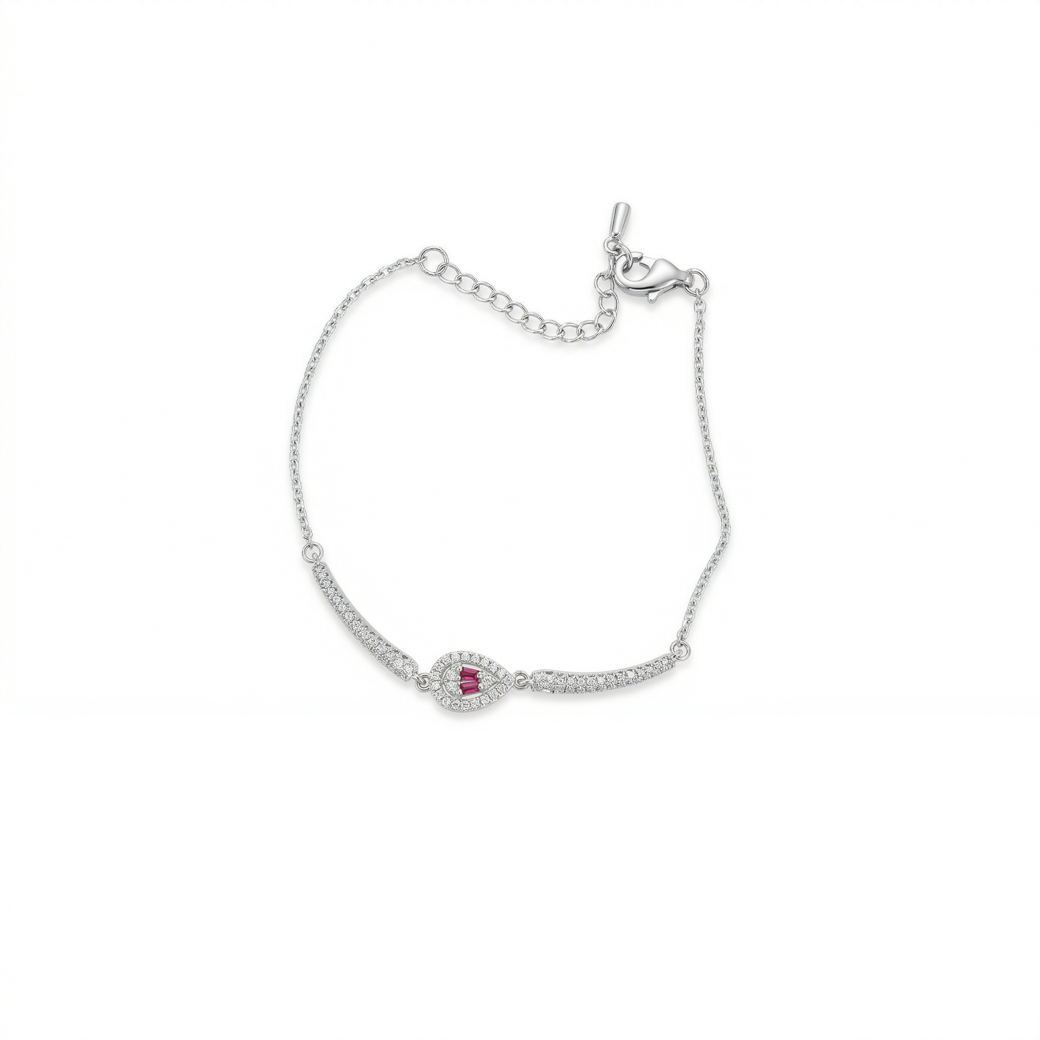 Ruby Pear Halo Delicate Chain Bracelet – Silver