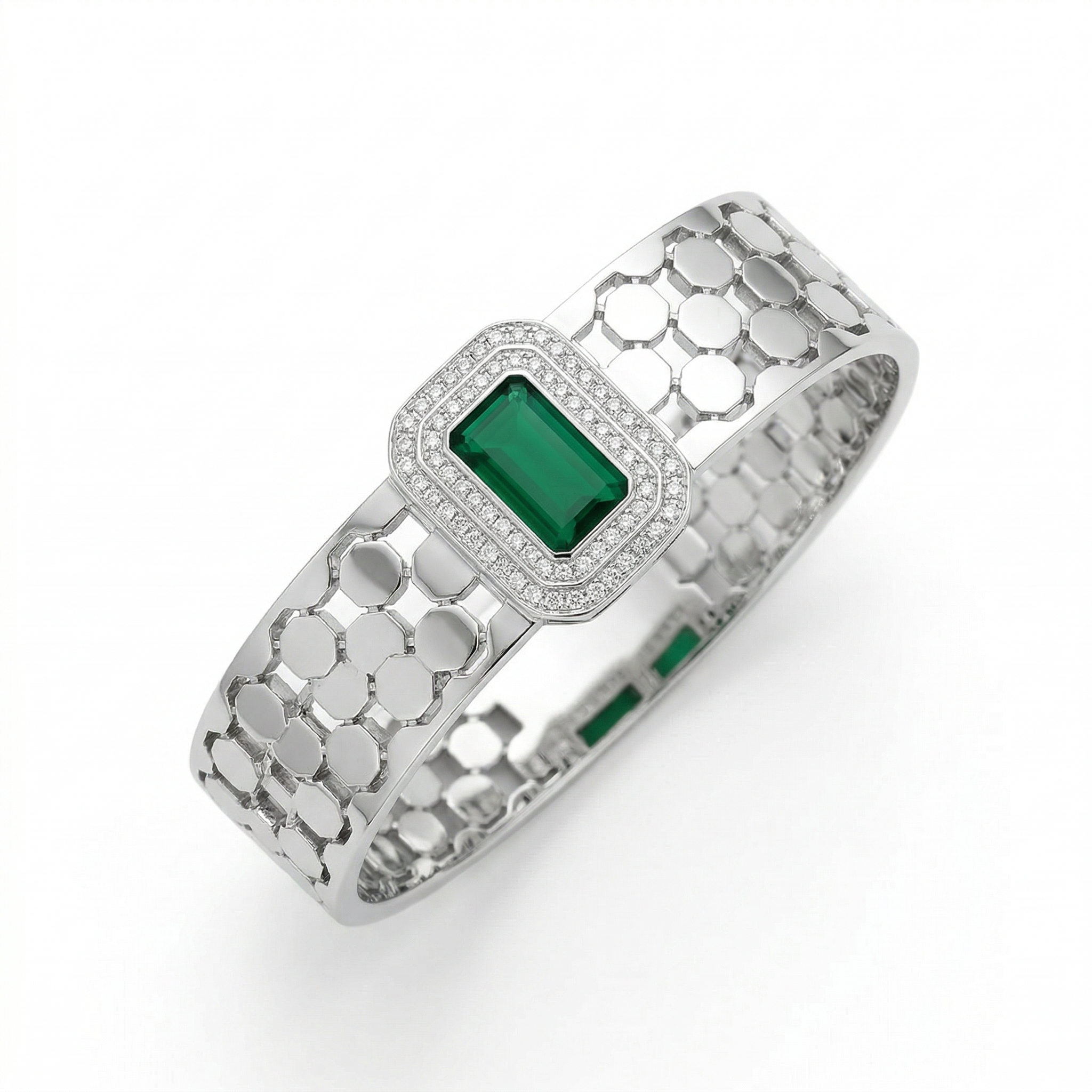 Emerald Honeycomb Statement Cuff – Silver
