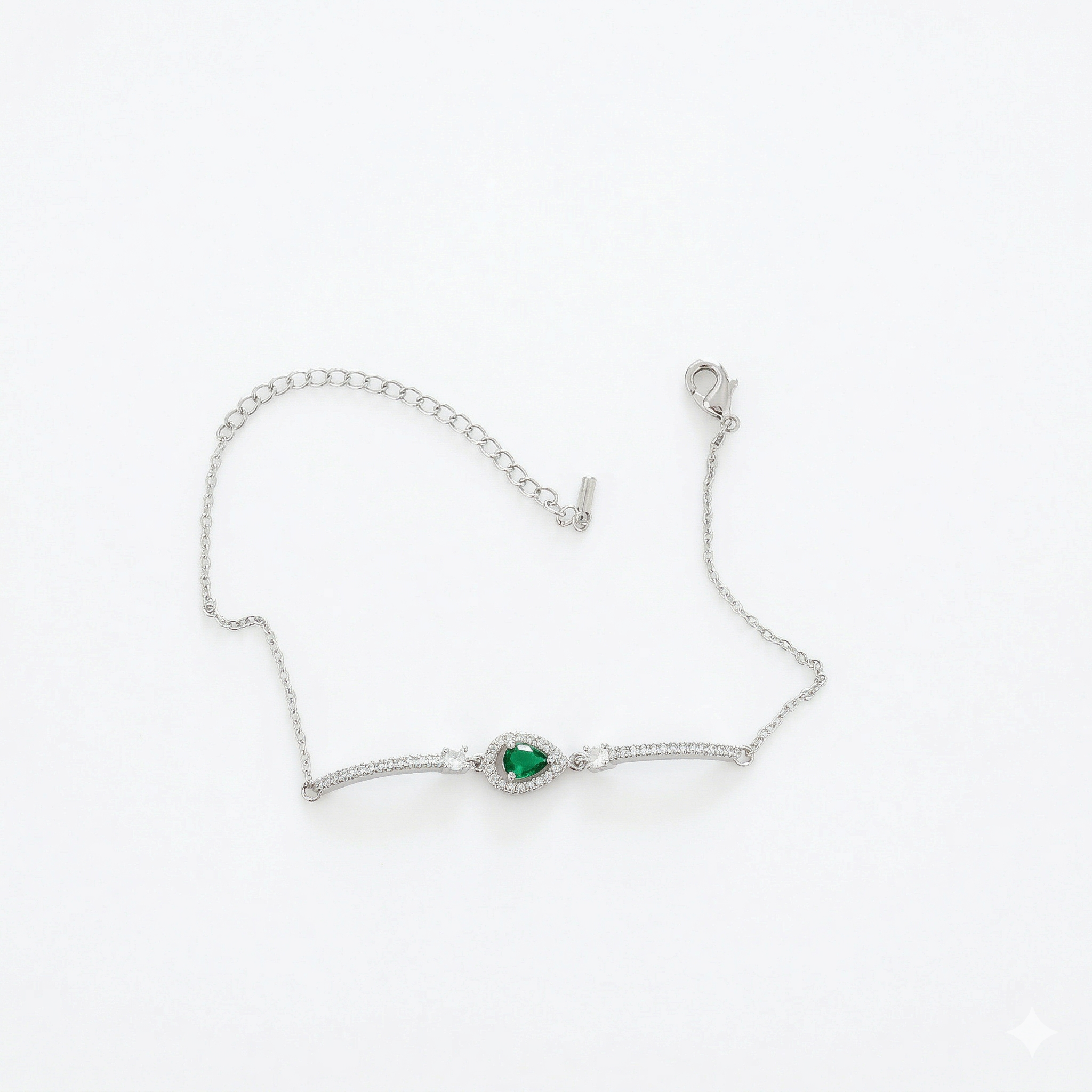 Emerald Pear Halo Delicate Chain Bracelet – Silver