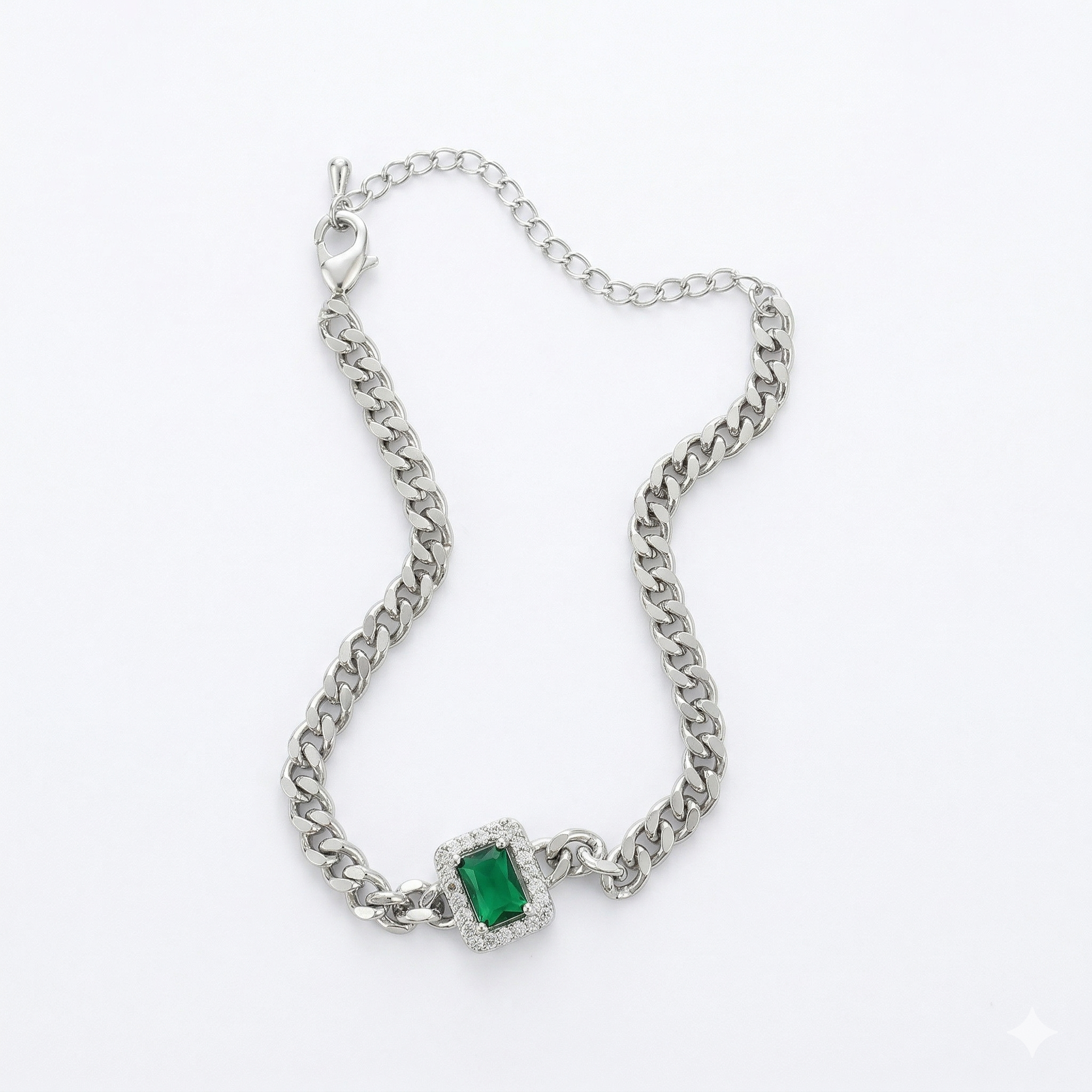 Emerald Halo Curb Chain Bracelet – Silver