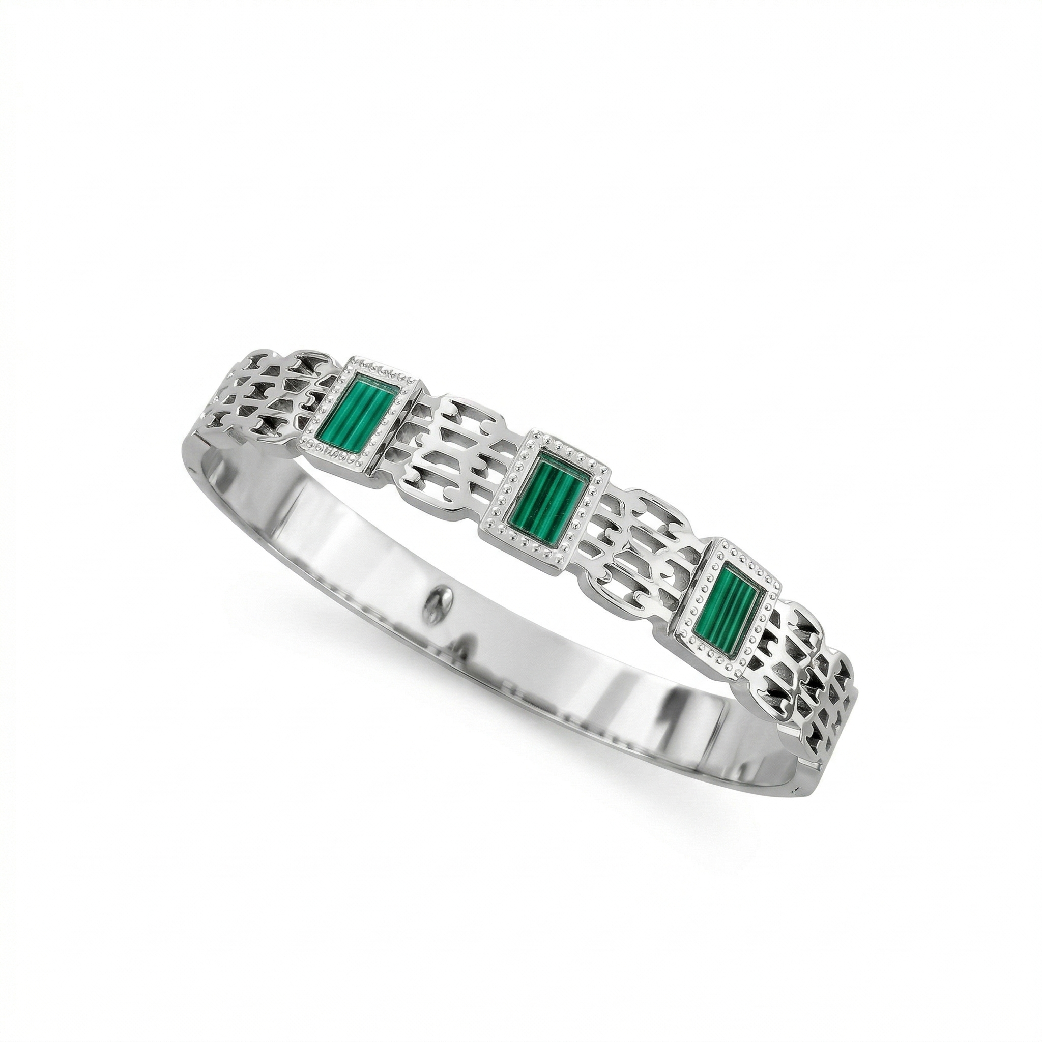 Silver X Green Geometric Malachite Bangle